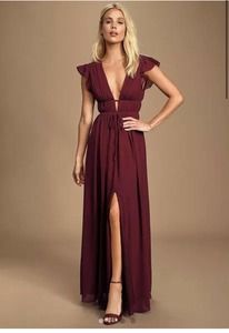 Lulus Women's size Small I'm All Yours Burgundy Ruffled Maxi Dress